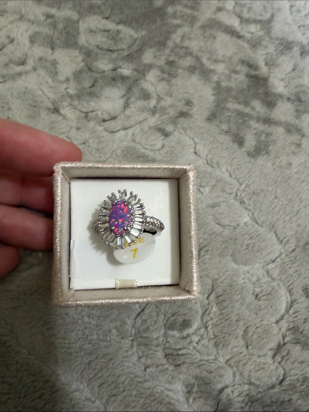 Silver Ring with Pink Opal Center and Halo Accents